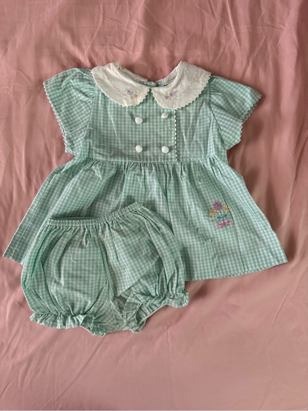 Vintage Baby Girl Green Gingham Dress Set with Embroidered Collar